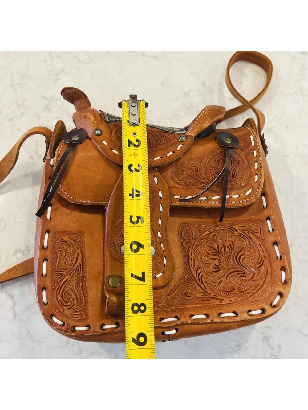 Vintage Tan Western Hand Tooled Leather Horse Saddle Bag Purse Mexico Brown - Picture 7 of 8